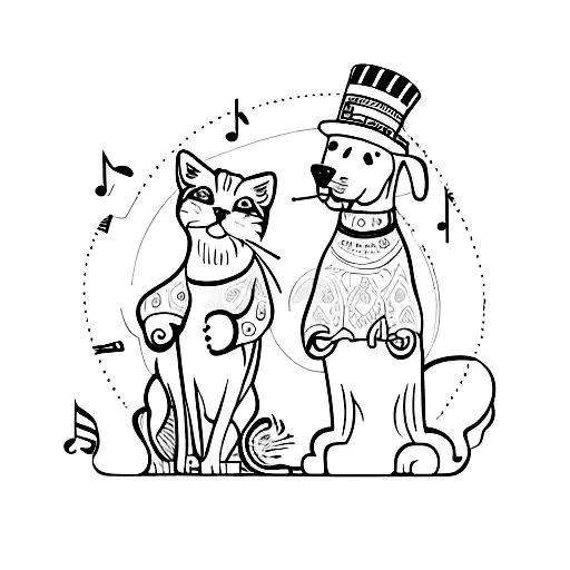 A Minimalist Tattoo Of A Dog And Cat Playing Musical Instruments In A Carnival Parade