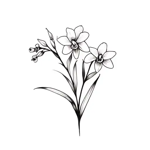 Minimalist Aesthetic Black Tattoo From Bouquet Of 2 Orchids And 1 Gladiole