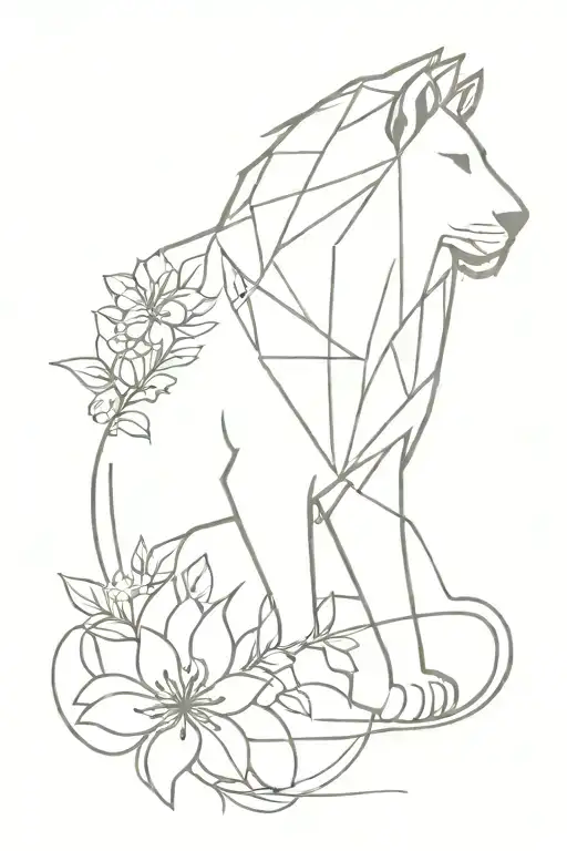 Lion With Flowers And Geometric Shapes In The Background