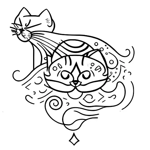 A Minimalist Tattoo Of A Cat Curled Up In A Tranquil Garden