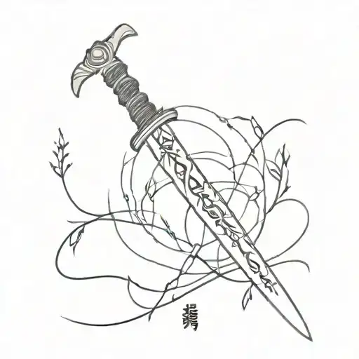 A Minimalist Outline Of A Sword With Kanji Inscriptions Representing Music And Nature Intertwined