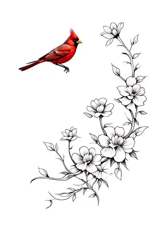 Cardinal Flying And Flowers Growing