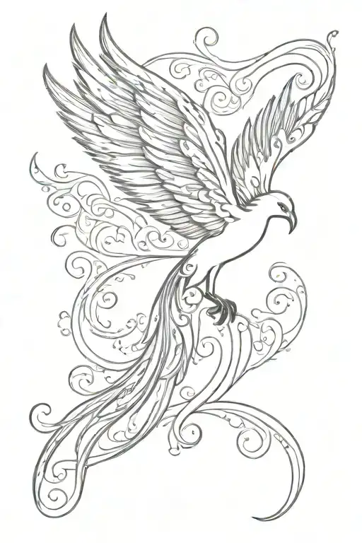 Simple Fine Line Phoenix With Swirls Coupled