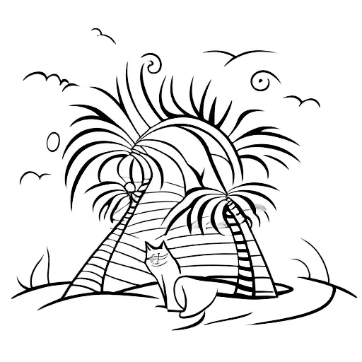 A Cute Cat Lounging Under A Palm Tree On A Sandy Beach