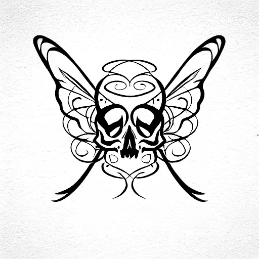 Half Of A Skull Head On The Left Side And Half Of A Butterfly Wing On The Right Side