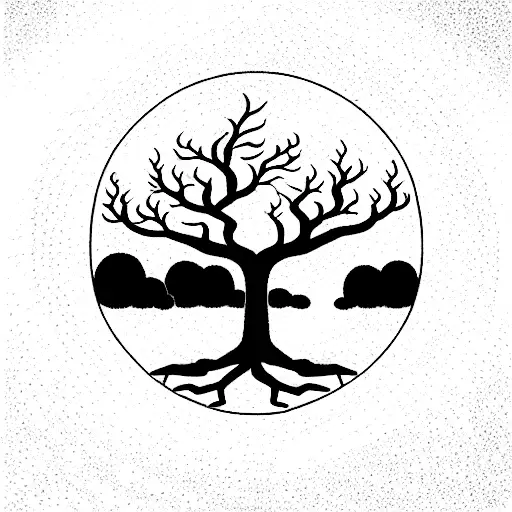 Tree Of Life Inside Circle Of Zen And Beside The Tree A Man Is Meditating