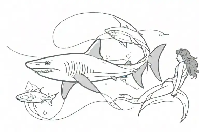 Shark And Girl Swimming Fine Line