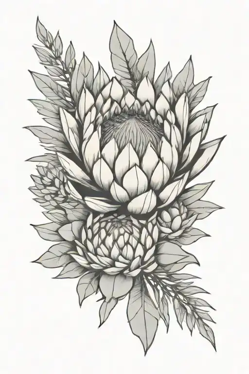 Protea Next To Succulent Black And Grey Tattoo Fineline