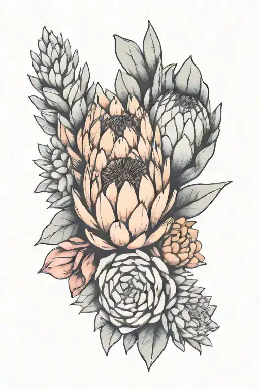 Protea Next To Succulent Black And Grey Tattoo Fineline