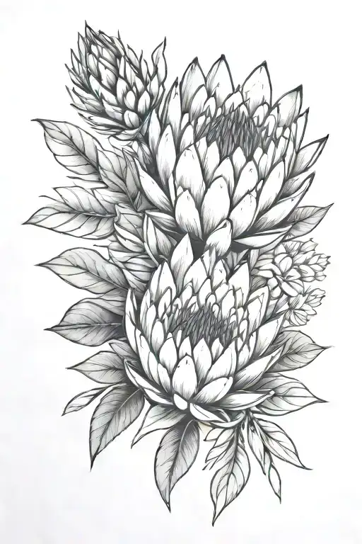 Protea Next To Succulent Black And Grey Fineline
