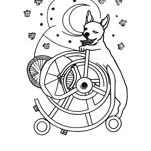 A Minimalist Tattoo Of A Dog Howling At The Moon While Riding A Bicycle