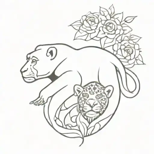A Chimpanzee With A Jaguar And A Turpial Bird With Flowers