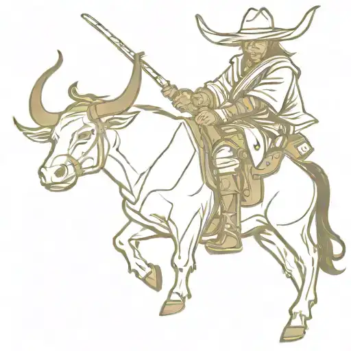 Samurai Warrior Wearing Oni Mask Riding A Bucking Texas Longhorn In A Western Rodeo