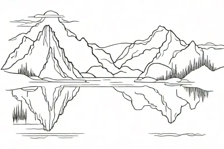 A Minimalist Tattoo Of A Mountain Range Reflected In A Calm River