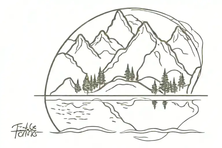 A Minimalist Tattoo Of A Mountain Range Reflected In A Calm River