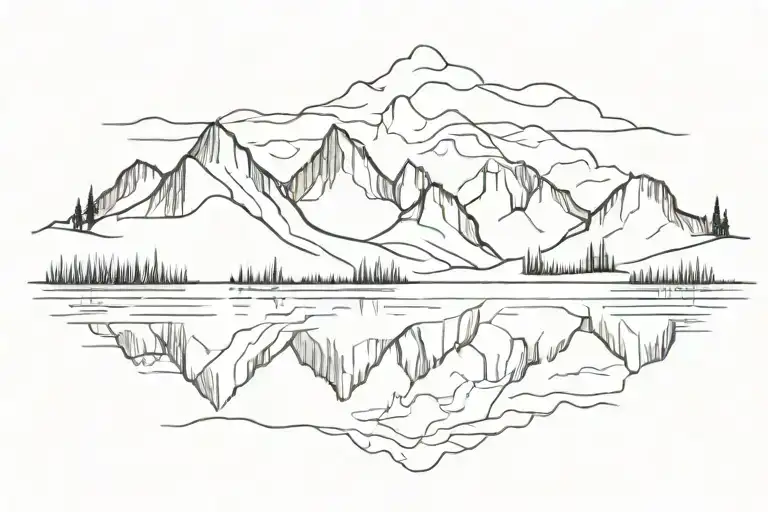 A Minimalist Tattoo Of A Mountain Range Reflected In A Calm River