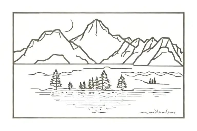 A Minimalist Tattoo Of A Mountain Range Reflected In A Calm River