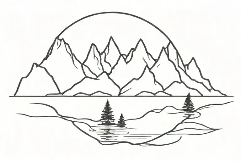 A Minimalist Tattoo Of A Mountain Range Reflected In A Calm River