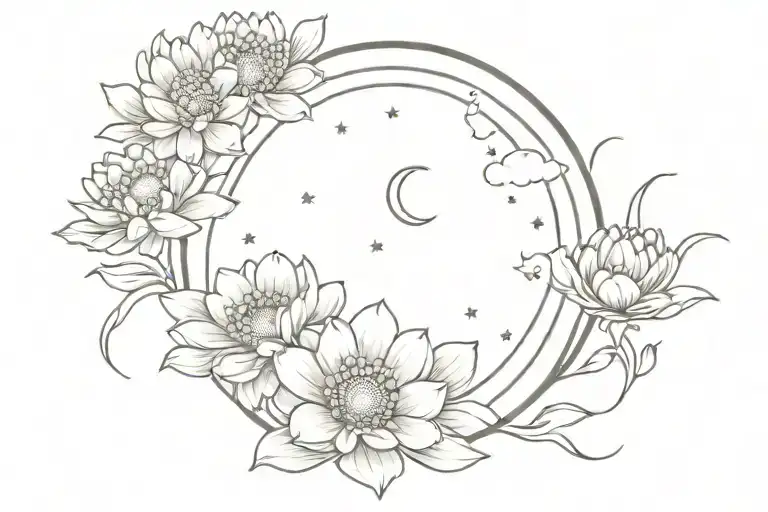 Moon Cycle With Chrysanthemums Around