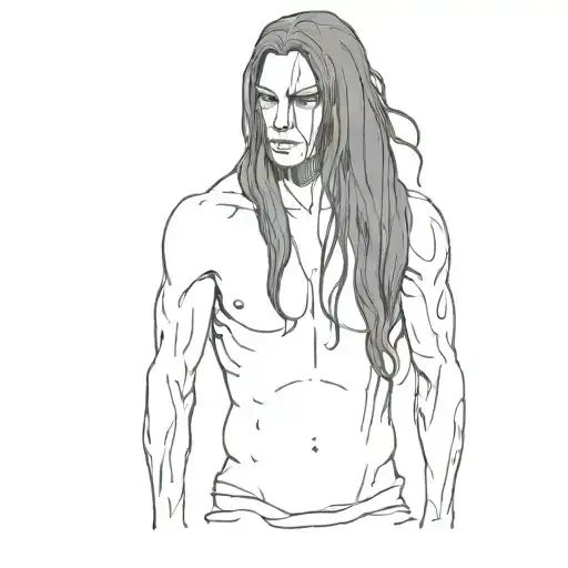 Black Metal Guy With Long Black Hair Covering His Body In A Gothic Minimalist Style