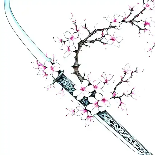 Samurai Sword Blade Tip Transforming Into Cherry Blossom's