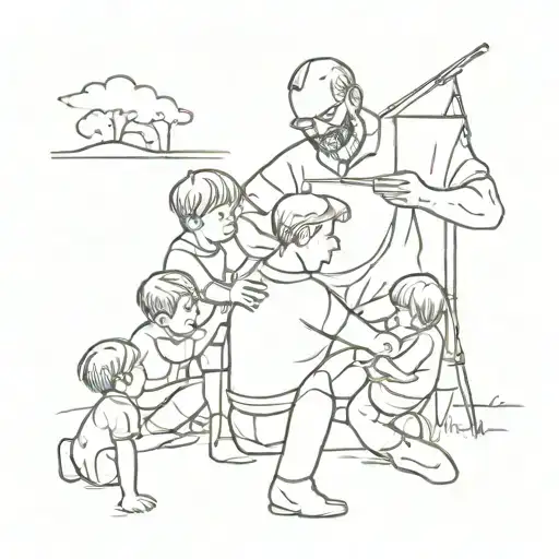A Sketch Of A Father Engineer Playing With His Four Young Boys In A Natural Setting