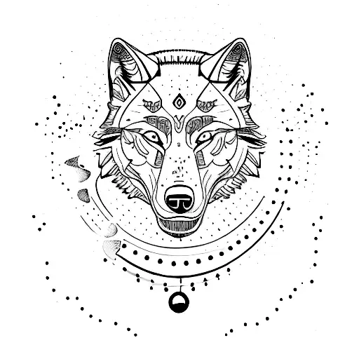 A Tattoo Design Featuring A Wolf Surrounded By Musical Elements