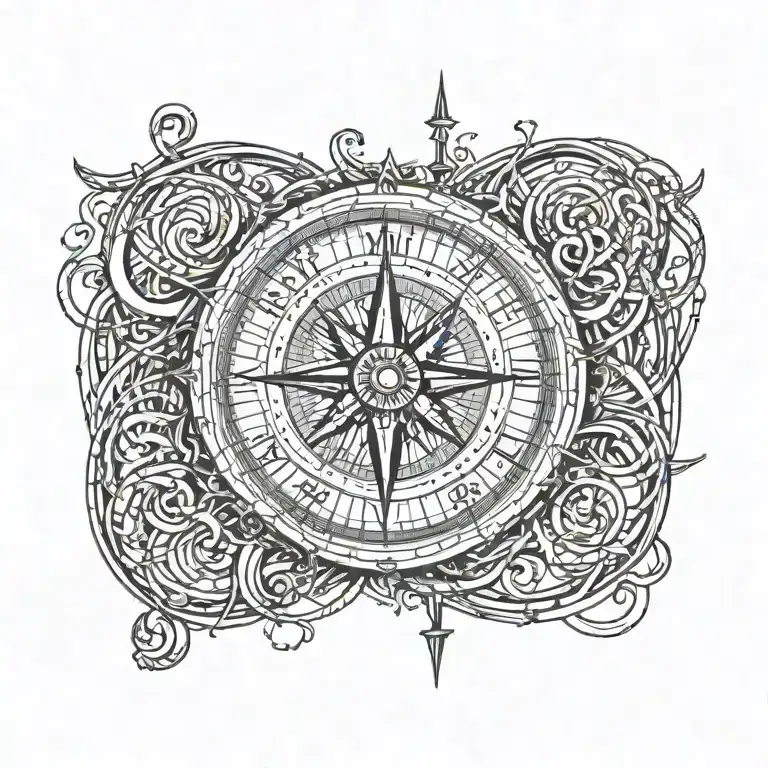 Tattoo Of A Compass And A Treble Clef Intertwined And Music Notes Going Out To Shoulder