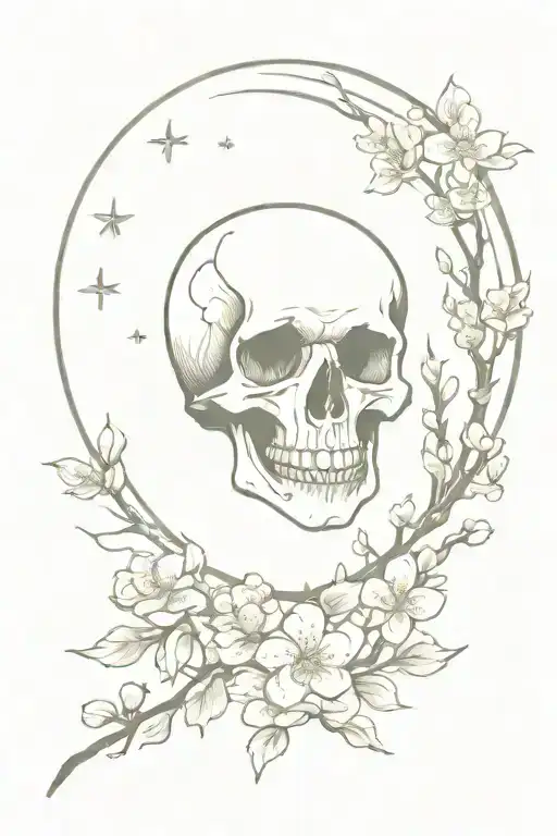 Crescent Moon With Skull Surrouded By Cherry Blossom