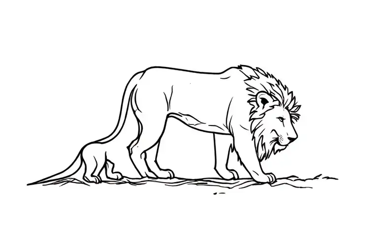 A Dad Lion Looking Down On A Small Lion