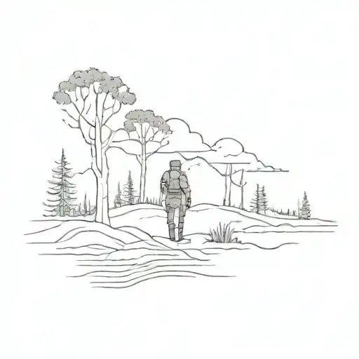 A Minimalist Tattoo Of A Soldier Standing In A Peaceful Nature Scene