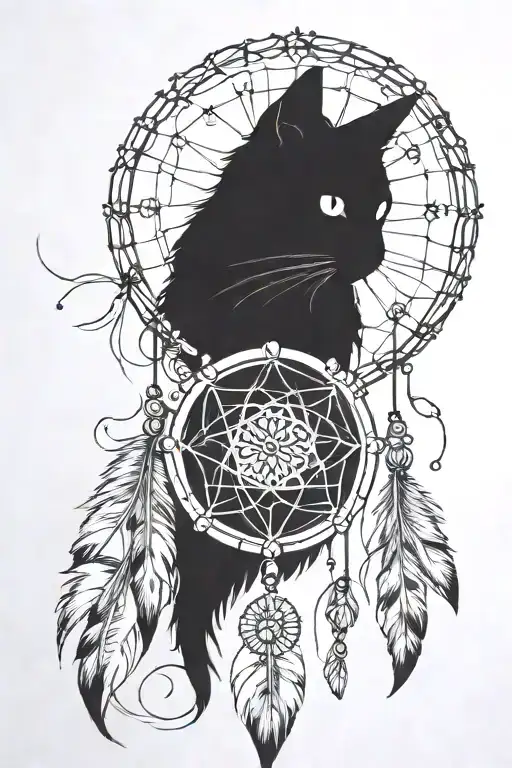 Black Cat An Dream Catcher Entangled In A Beautiful