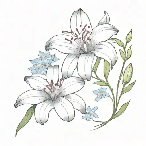 One Pink Lily And One Forget Me Not Flower In A Bouquet