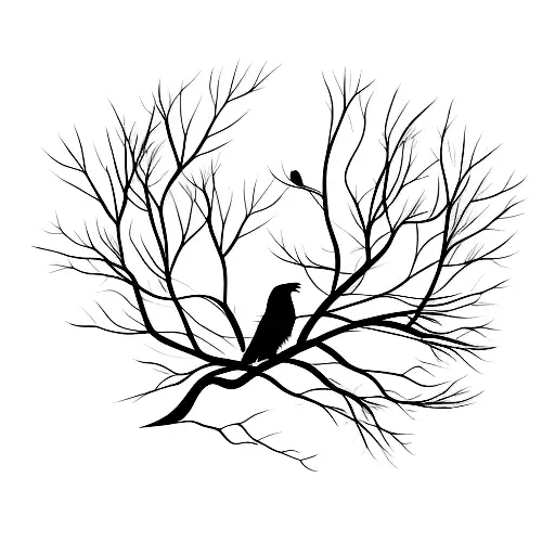 A Black Raven Perched On A Withered Tree Branch