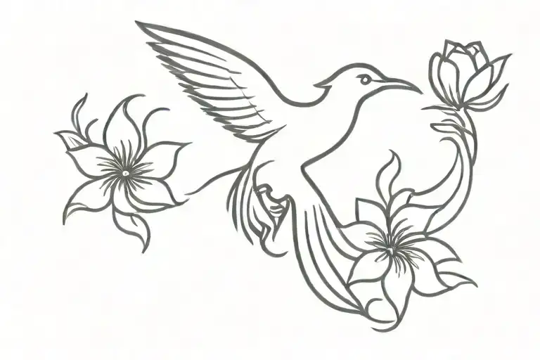 Small Flying Phoenix Silhouette With Big Flowers