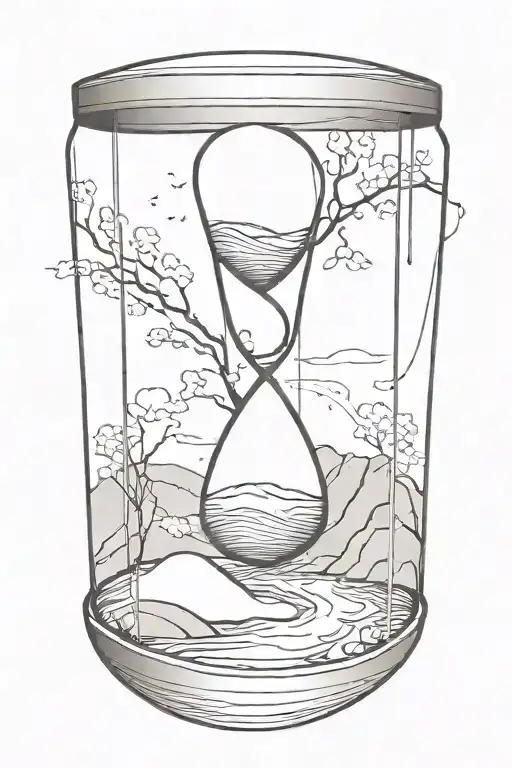 Simple Hourglass With A Winding River In The Top Part That Waterfalls Into The Bottom Part