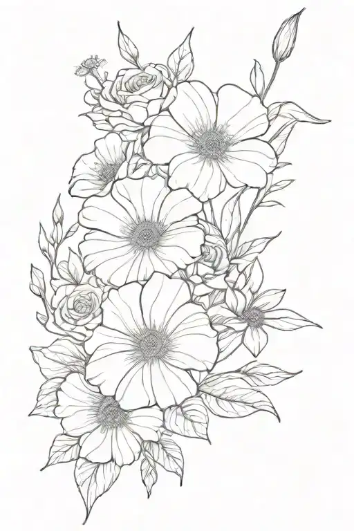 Bouquet Fine Line Containing Poppy Daisy Morning Glory Roses And Narcissus