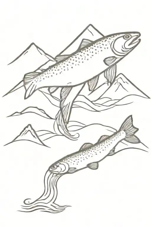 Trout Jumping From Stream In Front Of Mountain Scape