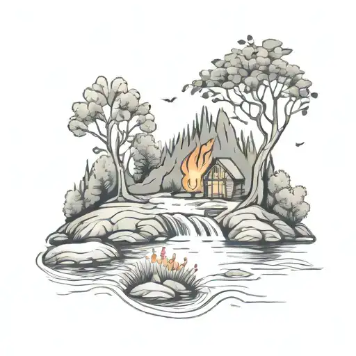 A Campfire Beside A Winding River Flowing Past A Rowan Tree And Then Down Through The Middle