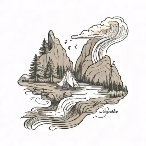 A Campfire On The Riverbank Of A Winding River Flowing Out Through Hills And Ending In A Waterfall