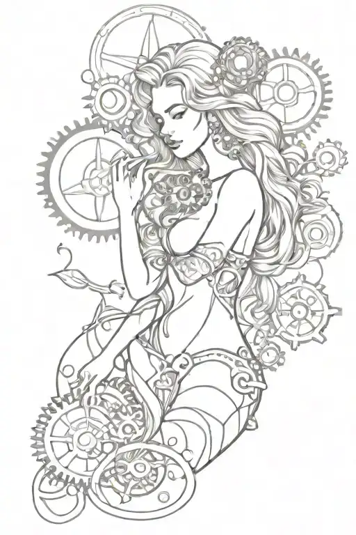 Sketch Of A Stunning Mermaid With Gears And Cogs Symbolizing The Blend Of Beauty And Engineering
