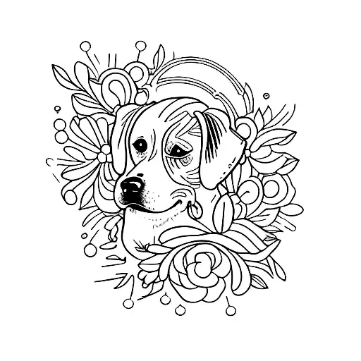 A Minimalist Tattoo Of A Dog Surrounded By A Wreath Of Flowers