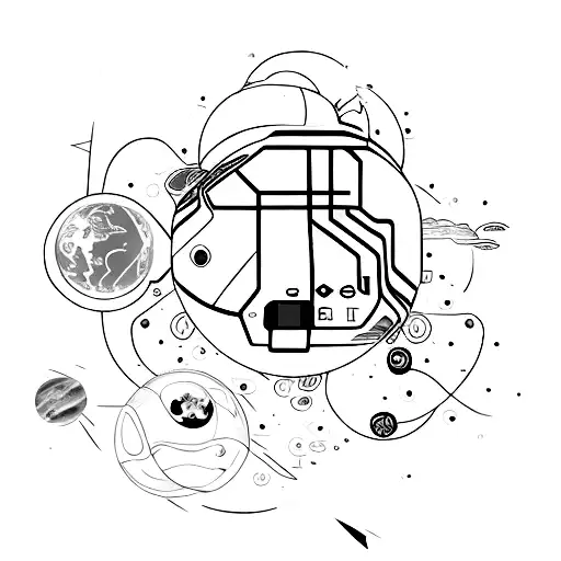 A Minimalist Tattoo Of A Game Controller Shaped Like A Planet