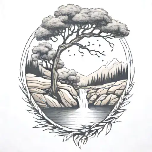 A River With An Olive Tree On One Side And A Campfire On The Other Side Waterfalls Down The Fron