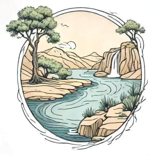 A River With A Campfire On One Side And An Olive Tree On The Other Side Waterfalls Down The Front