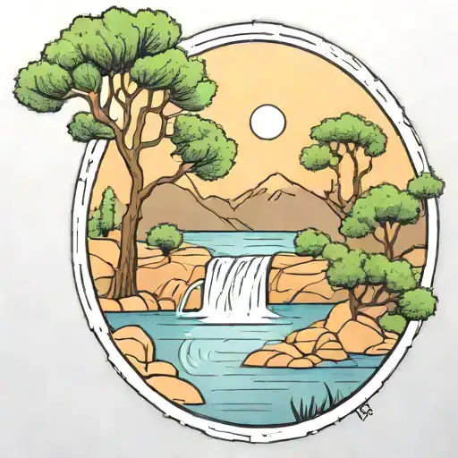 A River With A Campfire On One Side And An Olive Tree On The Other Side Waterfalls Down The Front