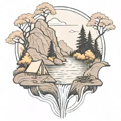 A River With A Campfire Beside It Waterfalls Down The Front