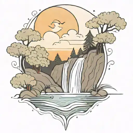 A River With A Fire Beside It Waterfalls Down The Front