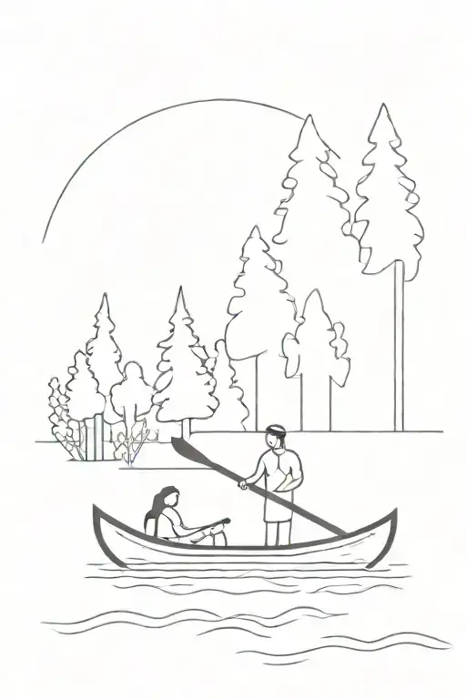 Canoe With Trees And Father Mother Daughter Paddling