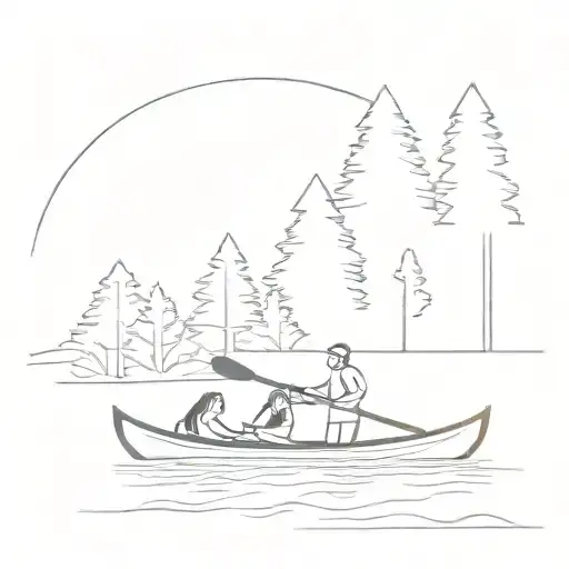 Canoe With Pine Trees And Father Mother Daughter Paddling